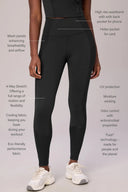 Charcoal compression leggings with mesh panels, high-rise waistband, and athletic features.