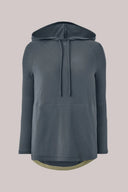 Granite grey long sleeve pima hoodie with drawstrings and mesh-lined hood on plain background.