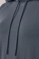Close-up of granite gray long sleeve pima cotton hoodie with drawstrings and subtle logo