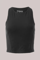Charcoal compression sports bra with mesh texture and high neckline, front view