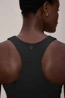 Back view of woman wearing racerback charcoal compression sports bra