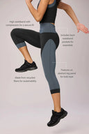 Woman wearing color-blocked cropped leggings with high waistband, abstract panels, and back pocket