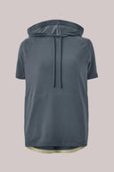 Granite short sleeve pima cotton hoodie with drawstrings and mesh-lined hood, laid flat