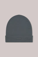 Granite grey ribbed knit beanie with a folded cuff on a light background