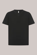 Charcoal short sleeve basic crewneck tee on neutral background, minimalist activewear style.