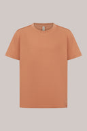 Mocha brown short sleeve basic tee shirt, crew neck, plain front, on white background