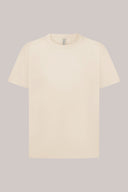Beige short sleeve basic tee shirt, crew neck, displayed on plain background
