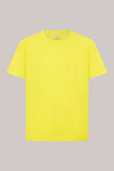 Short sleeve yellow athletic t-shirt with crew neck on neutral background
