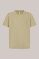 Beige short-sleeve athletic t-shirt with small chest logo, front view on pale background