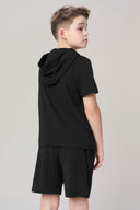 Boy wearing charcoal hooded tee and matching shorts, shown from the back