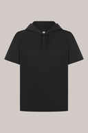 Charcoal short-sleeve relaxed hoodie with drawstrings and minimalist design on plain background
