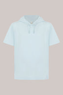 Light blue short sleeve hooded sweatshirt with drawstrings, displayed on plain background