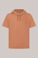 Mocha short sleeve relaxed hoodie with drawstrings, front view on plain background