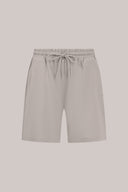 Light driftwood grey athleisure shorts with elastic waistband and drawstring, front view