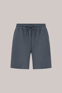 Granite grey relaxed fit athletic shorts with elastic waistband and drawstring, front view