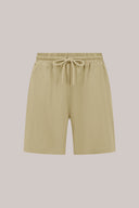 Beige relaxed fit athletic shorts with elastic waistband and drawstring, front view.