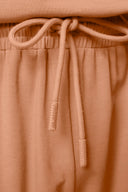 Close-up of mocha drawstring shorts with elastic waistband and textured cord