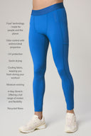 Men's cobalt blue performance tights with side pocket, antimicrobial, quick-drying, stretchy fabric