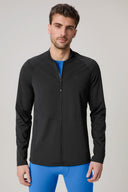 Man wearing charcoal fitted athletic jacket with zip front and long sleeves
