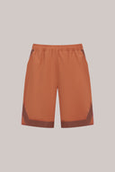 Men's athletic shorts in dark suntan and sepia with elastic waistband and contrast trim.