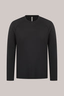 Charcoal long sleeve active fitted tee with crew neck, displayed on plain background.