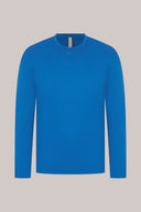 Cobalt blue long sleeve active fitted tee, crew neck, plain front on neutral background