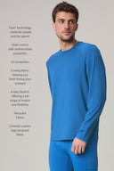 Man wearing cobalt blue active fitted long sleeve tee, performance athleisure apparel