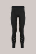 Charcoal reflective running leggings with zebra stripe details on a plain background
