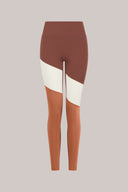 Colorblock high-waisted leggings in sepia, white, and chamois orange, front view