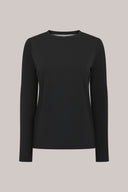 Charcoal long sleeve athletic shirt with crew neck on plain background