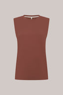 Sepia brown sleeveless tank top with crew neck, minimalist athletic style, front view