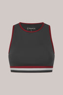 Charcoal mid-impact sports bra with burgundy trim and striped band, front view