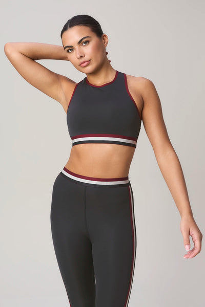 Jackson Mid Impact Bra, Charcoal, styled with leggings