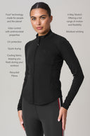 Woman wearing charcoal fitted activewear jacket with long sleeves and zipper, standing against neutral background.