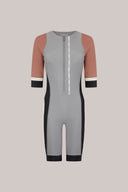 Short sleeve colorblock rash guard suit with front zipper, grey, pink and black panels