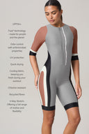Woman wearing a short-sleeve, zip-up colorblock rashguard made from recycled fibers with text highlighting UV protection, odor control, and 4-way stretch.