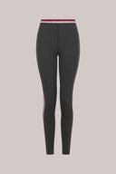 Charcoal gray high-waisted leggings with maroon and white side stripes and waistband