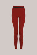 Merlot red high-waisted leggings with striped waistband, minimalist athletic style